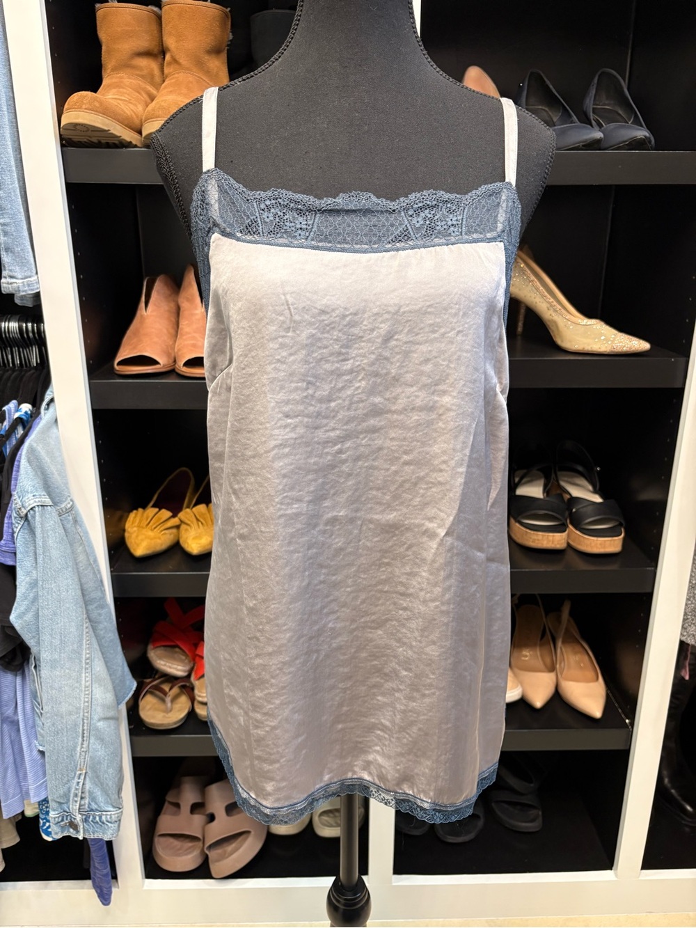 CAbi Lace-Trim Camisole in Light Grayish Lavender with Blue Detailing
